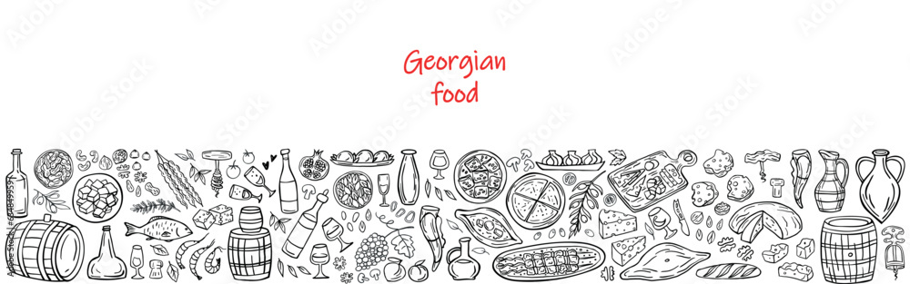 Banner of Georgian food on a white background. Georgian traditional cuisine: khachapuri, khinkali, wine, barbecue, nuts, fruits, bread. Vector illustration