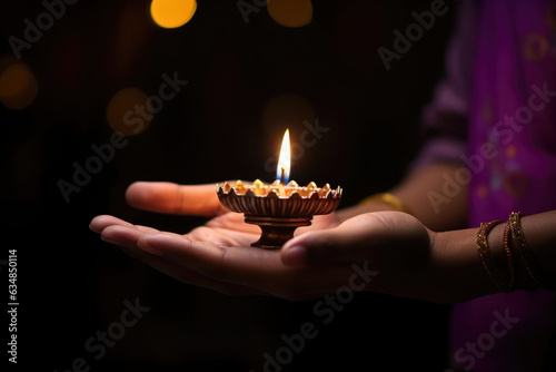 Diwali Hindu Festival of lights celebration. Diya oil lamp lit in woman hands. AI generated