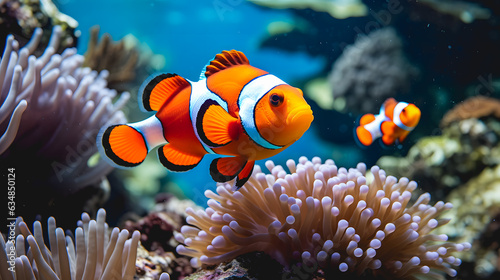 Fotografie, Obraz Gros plan sur des poissons clowns dans un aquarium