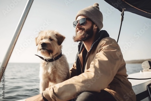 Happy young man is sailing on a boat with his dog. Traveling with pets concept. © Alexandra Selina