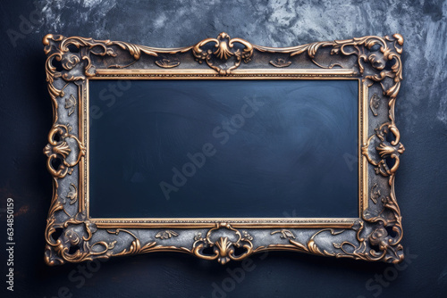 Old antique frame on the dark blue wall. AI generated