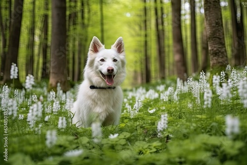 In the spring woodland, this adorable white dog sits amid gorgeous flowering wood anemones. Picture of a young Swiss Shepherd dog in the spring woods. Hiking with your pet