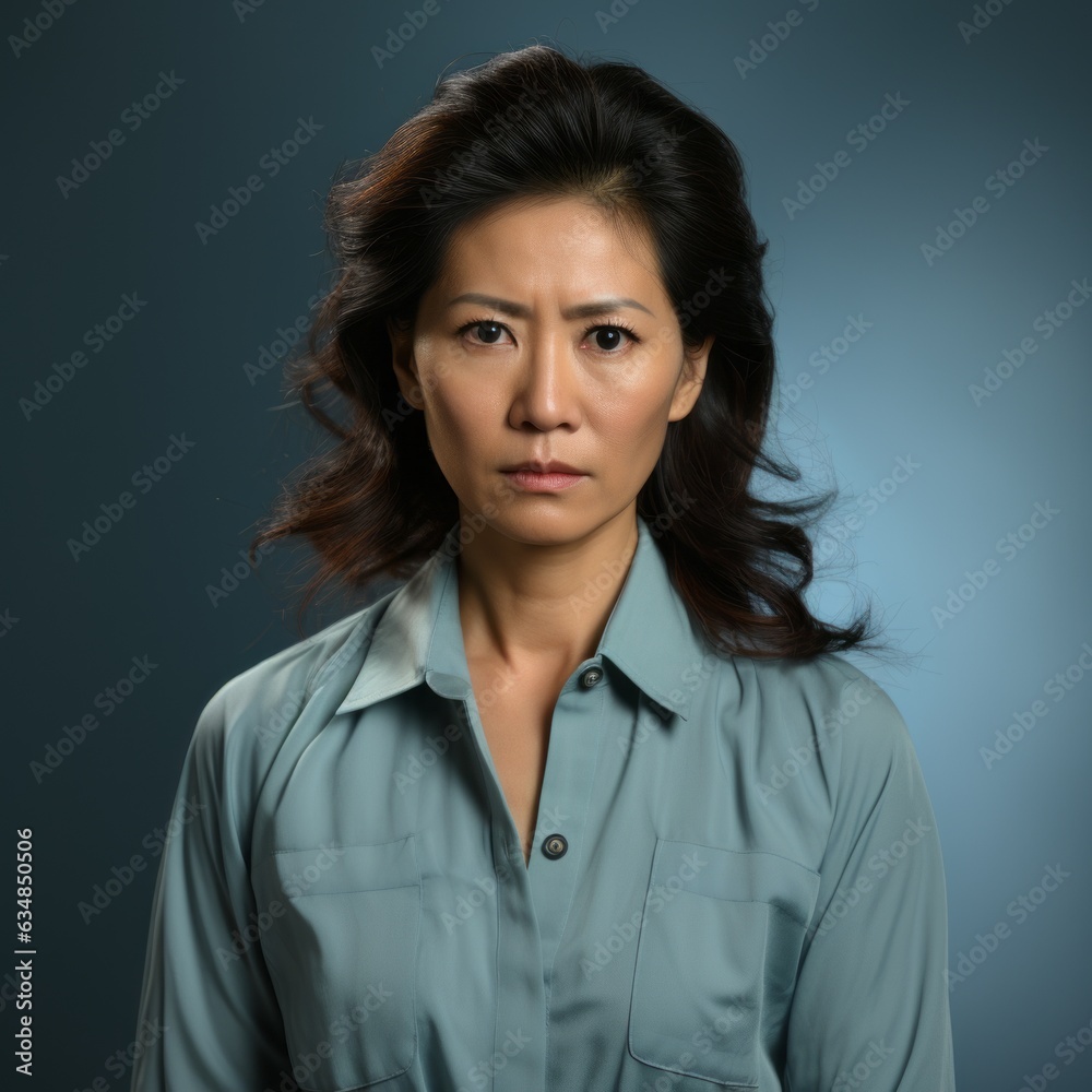 Portrait of a serious middle-aged Asian woman with wavy black hair. Closeup face of an unhappy senior Chinese woman on a blue background. Japanese pensioner woman in a blue shirt looking at camera. Portrait of a serious middle-aged Asian woman with wavy black hair. Closeup face of an unhappy senior Chinese woman on a blue background. Japanese pensioner woman in a blue shirt looking at camera.
