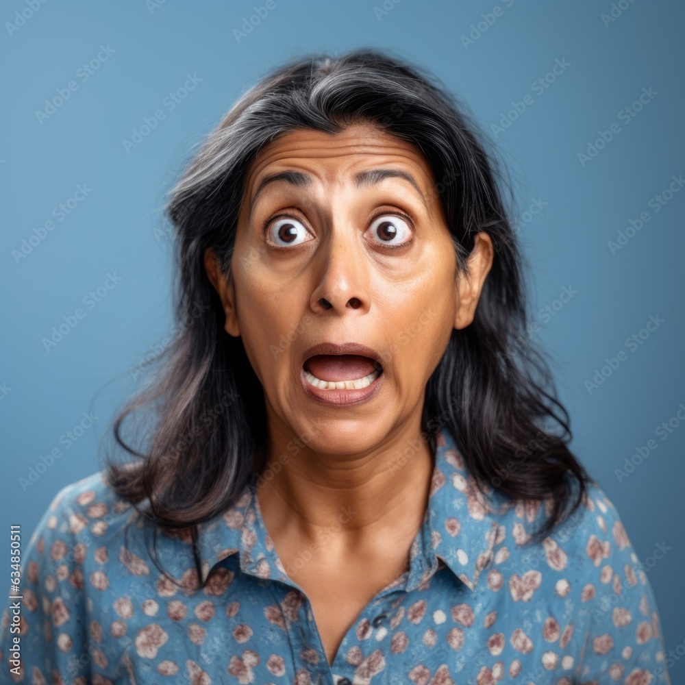 Portrait of surprised middle-aged Indian woman with big eyes and open mouth. Closeup face of amazed senior woman on a blue background. Shocked Indonesian woman in a blue shirt looking at the camera. Portrait of surprised middle-aged Indian woman with big eyes and open mouth. Closeup face of amazed senior woman on a blue background. Shocked Indonesian woman in a blue shirt looking at the camera.