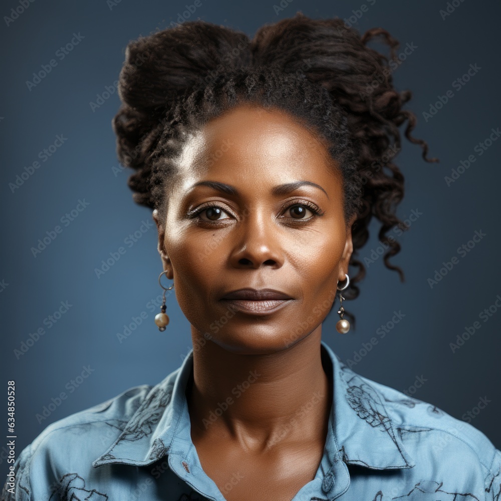 Portrait of a serious middle-aged African American woman with curly brown hair. Closeup face of an unhappy senior African woman on a blue background. Pensioner woman in a blue shirt looking at camera. Portrait of a serious middle-aged African American woman with curly brown hair. Closeup face of an unhappy senior African woman on a blue background. Pensioner woman in a blue shirt looking at camera.