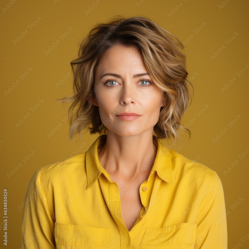 Portrait of a serious middle-aged woman with wavy blonde hair. Closeup face of an unhappy senior Caucasian woman on a yellow background. European pensioner woman in a yellow shirt looking at camera. Portrait of a serious middle-aged woman with wavy blonde hair. Closeup face of an unhappy senior Caucasian woman on a yellow background. European pensioner woman in a yellow shirt looking at camera.