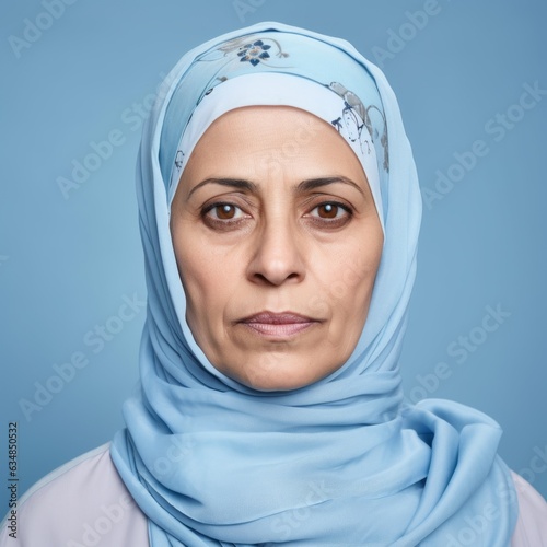 Portrait of a serious middle-aged Muslim woman in a blue hijab. Closeup face of an unhappy senior woman wearing a headscarf on a blue background. Unsmiling calm pensioner woman looking at the camera.