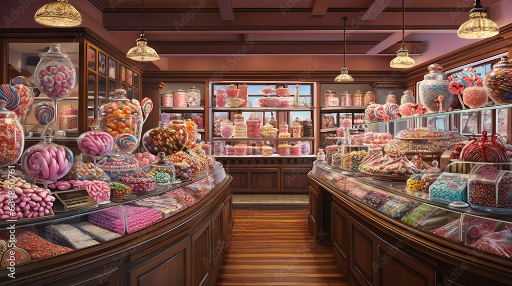  a painting of a candy shop with a lot of sweets.  generative ai