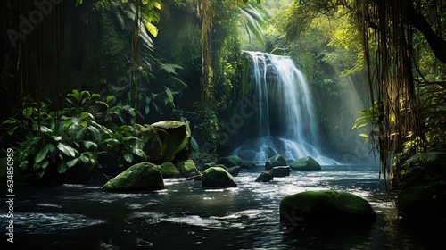  a waterfall in the middle of a jungle with rocks in the water. generative ai