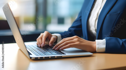 Une femme en costume en train de taper sur son clavier d'ordinateur portable au bureau de l'entreprise. photo