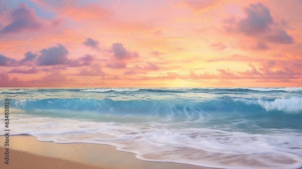  a painting of a sunset over the ocean with waves crashing on the beach.  generative ai