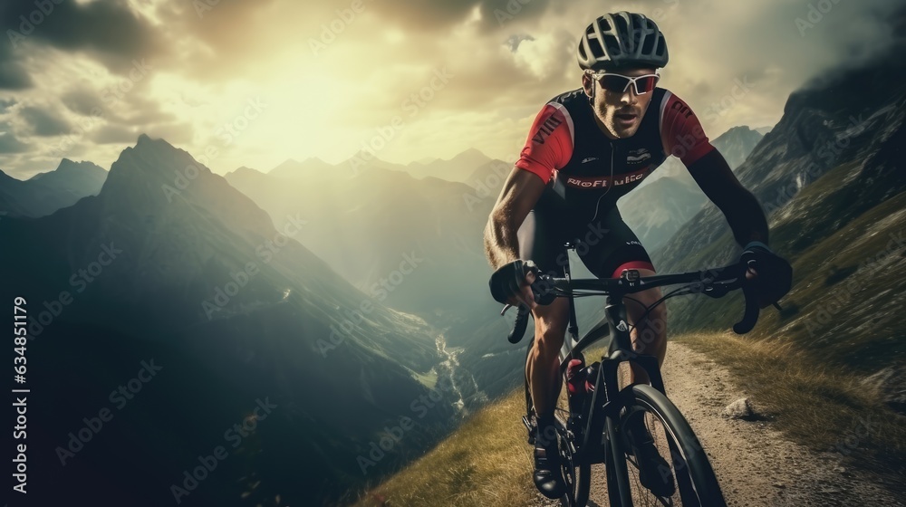 A male bicyclist riding in a mountainous terrain. Extreme cycling. Cycling sport