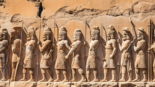 Un bas relief de guerriers assyriens avec des lances. 