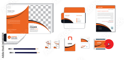 Brand Identity Mock-Up of stationery set with orange black and white abstract geometric design. Business office stationary mockup template of File folder, Envelope, Letterhead, ID card, Business card