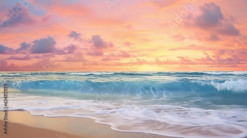  a painting of a sunset over the ocean with waves crashing on the beach. generative ai