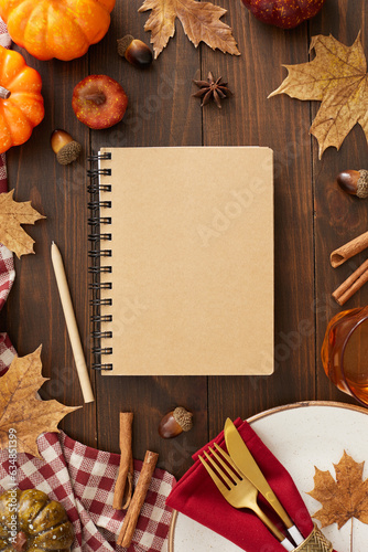 Thanksgiving recipe writing concept. Top view vertical photo of notepad, pen, plate, cutlery, tablecloth, glass, cinnamon, pumpkins, leaves on wooden background with space for promo or message