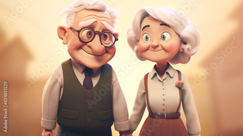 Happy elderly cartoon couple on the beach. AI generation
