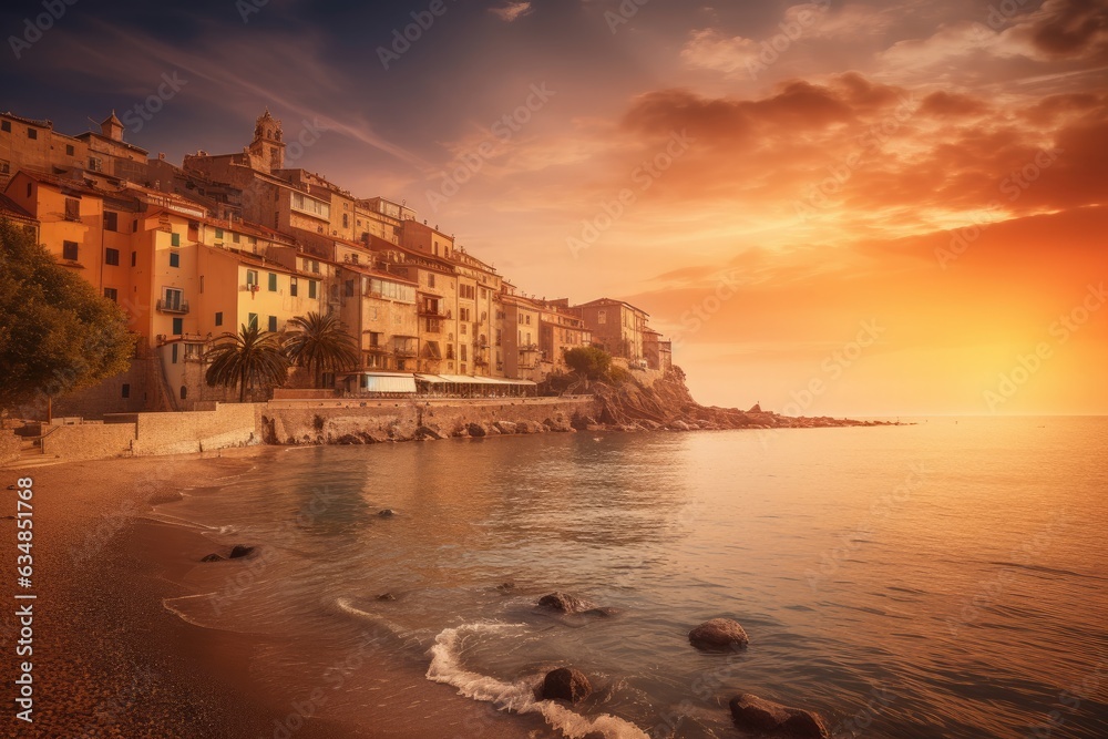 Coastal town: colorful houses, serene sea, setting sun. Nostalgic beauty by the sea., generative IA