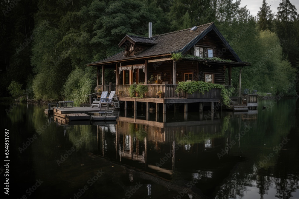 Reflective lake house, serene nature., generative IA