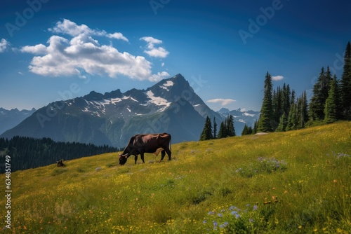 Serene landscape: cow grazing, mountain in the background., generative IA