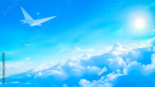 Illustration du concept d'envoi de mail - Dématérialisation des factures - Avion de papier dans le ciel bleu - Générative IA