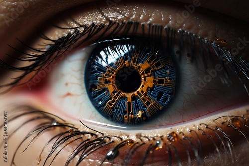 Realistic close up of a Human eye with electronic circuits inside. Generative AI