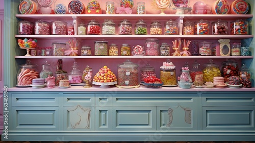  a shelf filled with lots of candy and candies on top of it.  generative ai