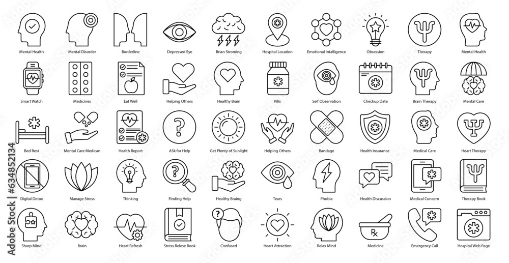 Mental Illness Thin Line Icons Therapy Medical Icon Set in Outline Style 50 Vector Icons in Black