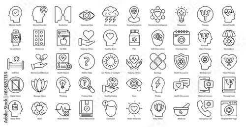 Mental Illness Thin Line Icons Therapy Medical Icon Set in Outline Style 50 Vector Icons in Black