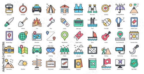 Camping Color Line Icons Outdoor Adventure Vacation Icon Set in Filled Outline Style 50 Vector Icons