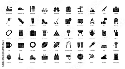 Outdoor Activities Glyph Icons Hobbies Sport Icon Set in Glyph Style 50 Vector Icons in Black