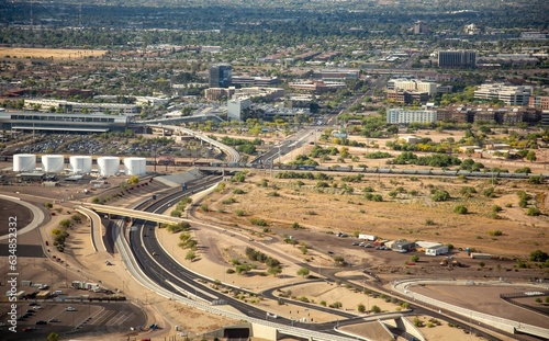 Aerial view of Phoenix, Arzona near Sky Harbor Interational airport.  Tonto National Forest in background