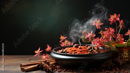 Incense sticks on a stand burn with smoke, expensive aroma in the house, decoration and aromatization of the room with cinnamon and cloves. Concept: meditation and relaxation