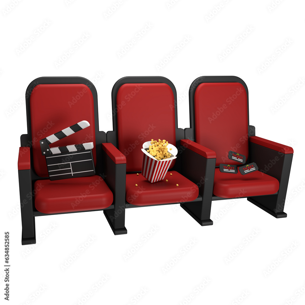 Fototapeta premium 3d icon of theater seats with clapper, pop corn and ticket, red color theater seats, 3d rendering, 3d illustration, 3d blender, 3d icon