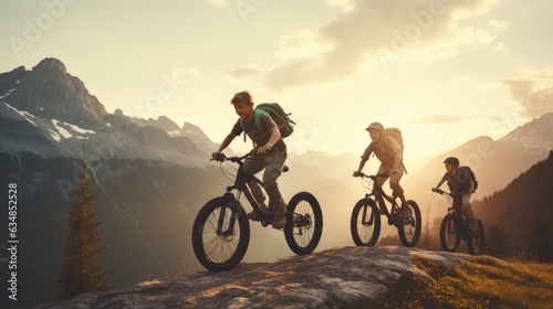 Fotografia Ai generative image of Family Mom, Dad and kids on a bike ride in a mountainous area