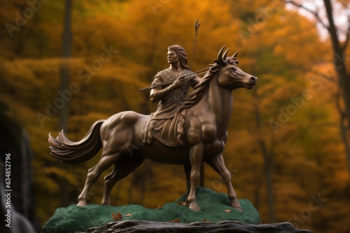 Majestic centaur emerges in forest with bow. Waterfall in the background., generative IA photo