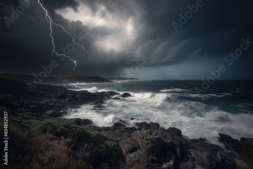 Fototapeta Furious storm, dark sky, rough sea, intense lightning
