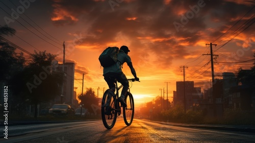 Ai generative image of food delivery man riding a bicycle on a city street with a large backpack on sunset © masyastadnikova