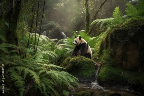 Serene panda savoring bamboo in lush forest., generative IA