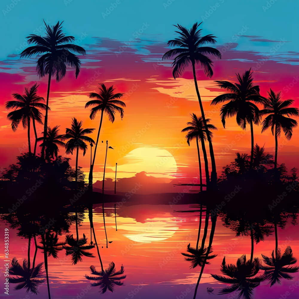 Tropical sunset with palm trees silhouette and beautiful dusk colorful sky background. Illustration | Generative AI