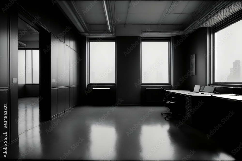A Black And White Photo Of An Empty Office