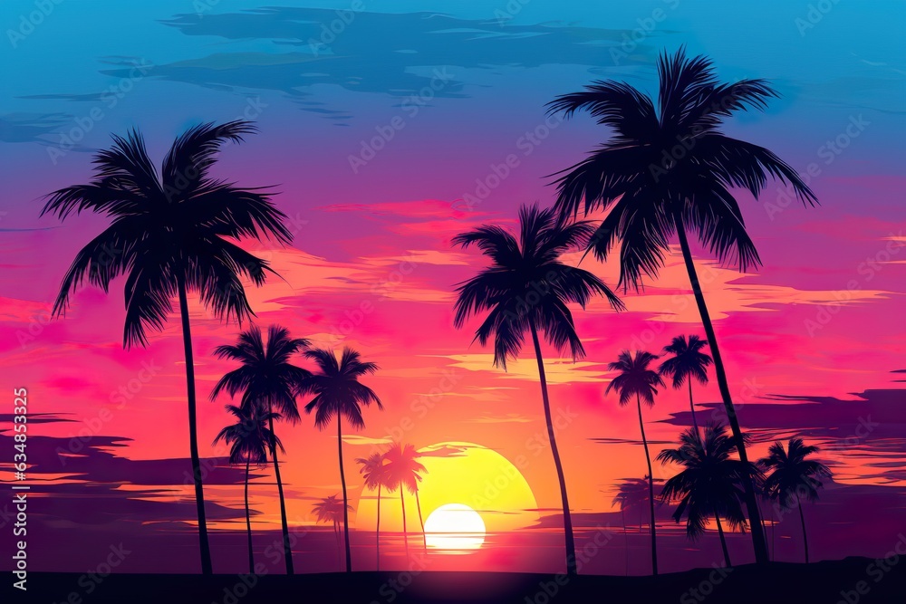 Tropical sunset with palm trees silhouette and beautiful dusk colorful sky background. Illustration | Generative AI