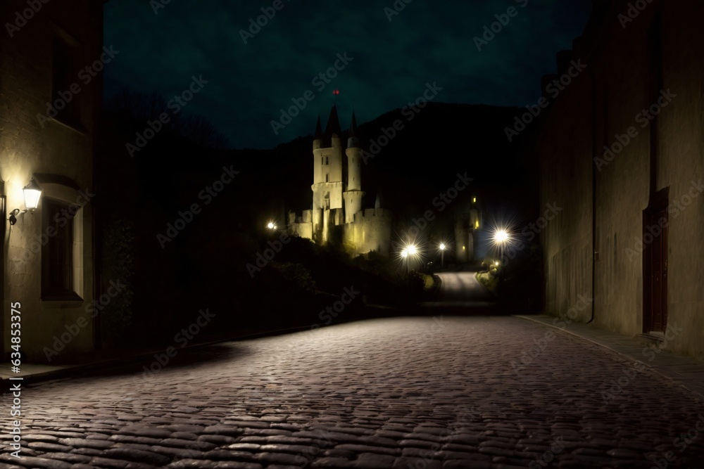 A Cobblestone Street At Night With A Castle In The Background