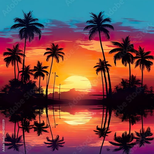 Tropical sunset with palm trees silhouette and beautiful dusk colorful sky background. Illustration   Generative AI