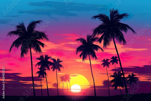 Tropical sunset with palm trees silhouette and beautiful dusk colorful sky background. Illustration   Generative AI © Kay