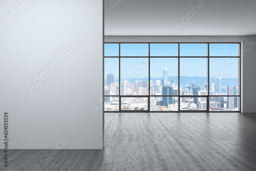 Downtown San Francisco City Skyline Buildings from High Rise Window. Beautiful Expensive Real Estate overlooking. Empty room Interior. Mockup wall. Skyscrapers Cityscape. Day. California. 3d rendering