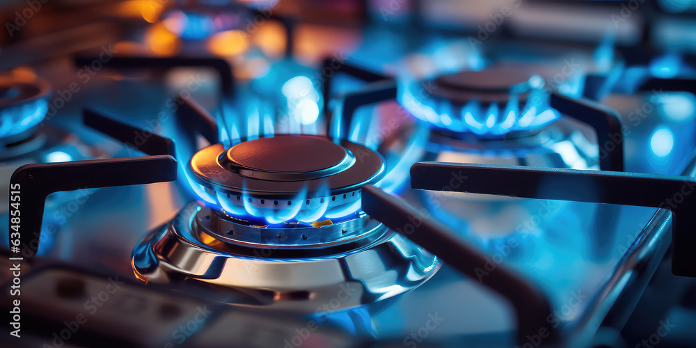 Kitchen gas stove burner with blue flame transparency. Horizontal banner with burning gas stove burner on the kitchen stove. Economic crisis, the cost of gas rising.  - obrazy, fototapety, plakaty 