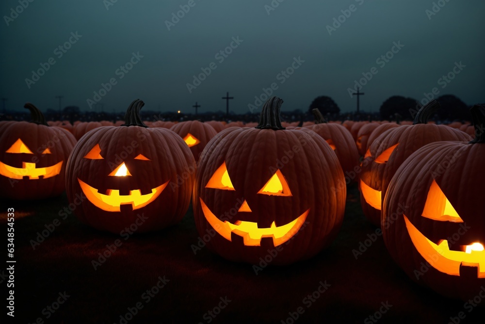 A Group Of Carved Pumpkins Sitting On Top Of A Field A Group Of Carved Pumpkins Sitting On Top Of A Field