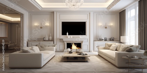 Luxury living room interior with fireplace, generative ai © inspiretta