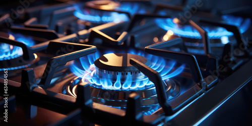 Kitchen gas stove burner with blue flame transparency. Horizontal banner with burning gas stove burner on the kitchen stove. Economic crisis, the cost of gas rising.  photo